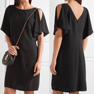 Theory | ‘Andzelika’ Black Ruffled Crepe Split Sleeve V-Back Midi Shift Dress